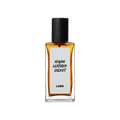 Vegan Leather Jacket. A rectangular, glass perfume bottle with a black cap is filled with translucent, amber liquid. A white label reads 'Vegan Leather Jacket'.