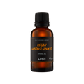 Vegan Leather jacket. The image shows the Vegan Leather Jacket apparel oil packaging. A small, essential oil-style, brown, glass bottle with a black, twist cap. A black label around the middle with the product name in bronze letters.