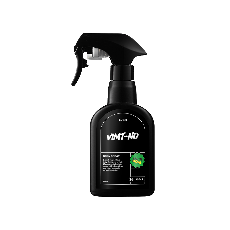 A black, curvy spray bottle of VIMT-NO Body Spray with a black trigger nozzle, centered on a black background. The label is black with white text detailing the product name and description, and it features a bright green "LUSH CLUB" sticker.