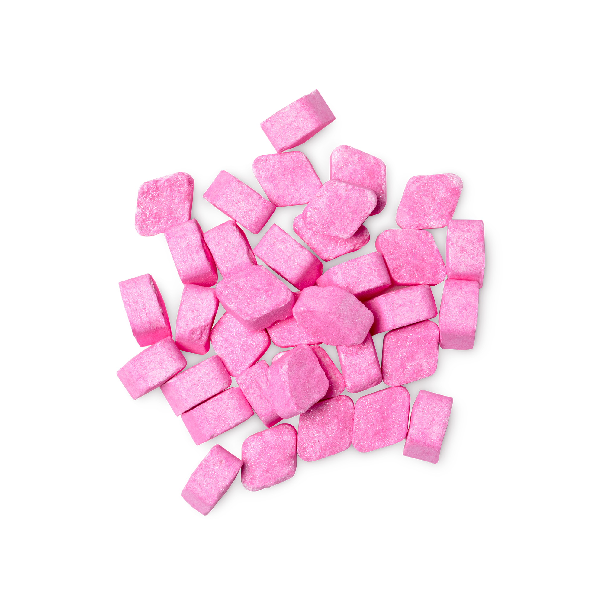 A pile of small, diamond-shaped, pink Zing! mouthwash tabs shot from above.